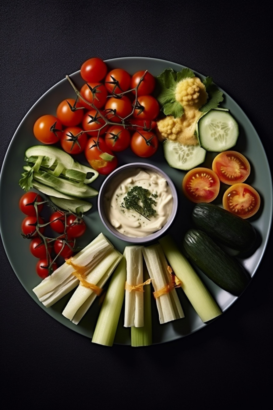 Vegetarische Partysnacks auf einem Teller angerichtet.