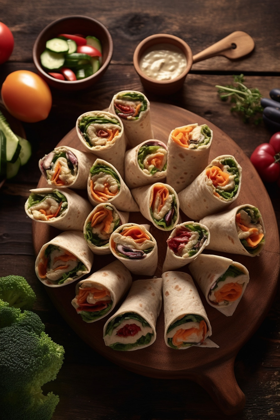 Vegetarische Wrap-Häppchen mit Hummus und Gemüse