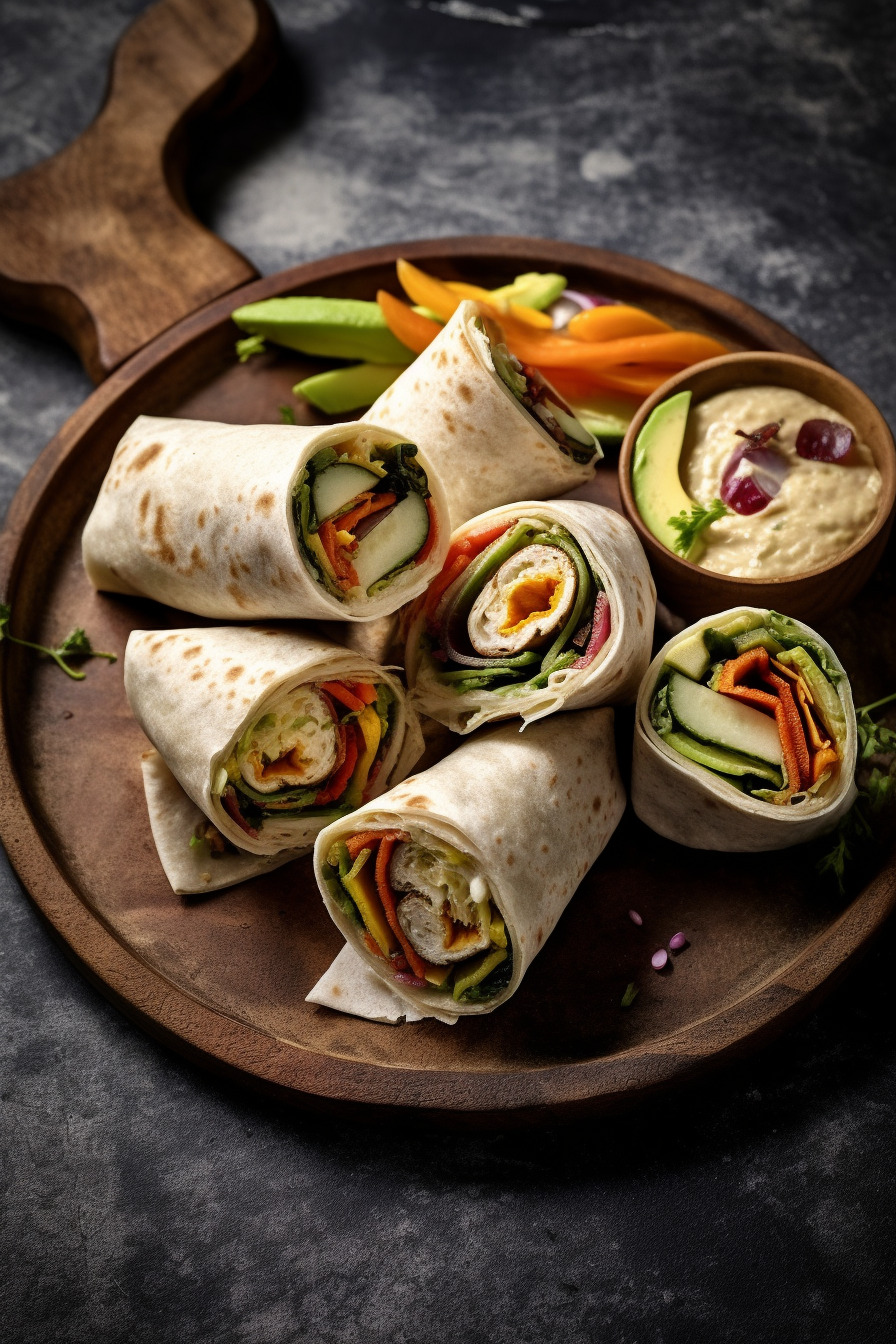 Vegetarische Wrap-Häppchen mit Hummus und Gemüse