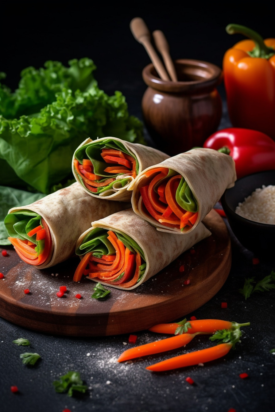 Vegetarische Wrap-Röllchen mit Karotten, Paprika und Salat.