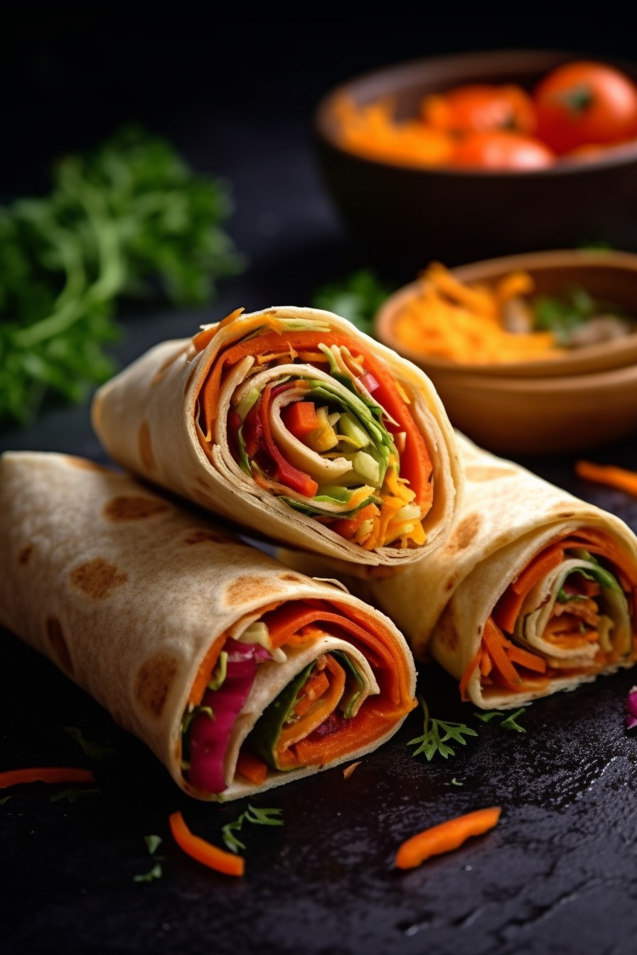 Vegetarische Wrap-Röllchen mit Karotten, Paprika und Salat.