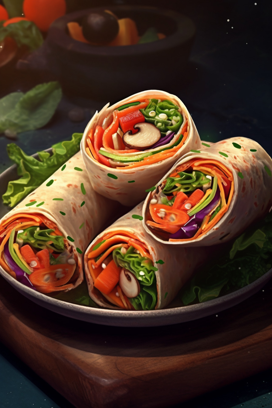 Vegetarische Wrap-Röllchen mit Karotten, Paprika und Salat.