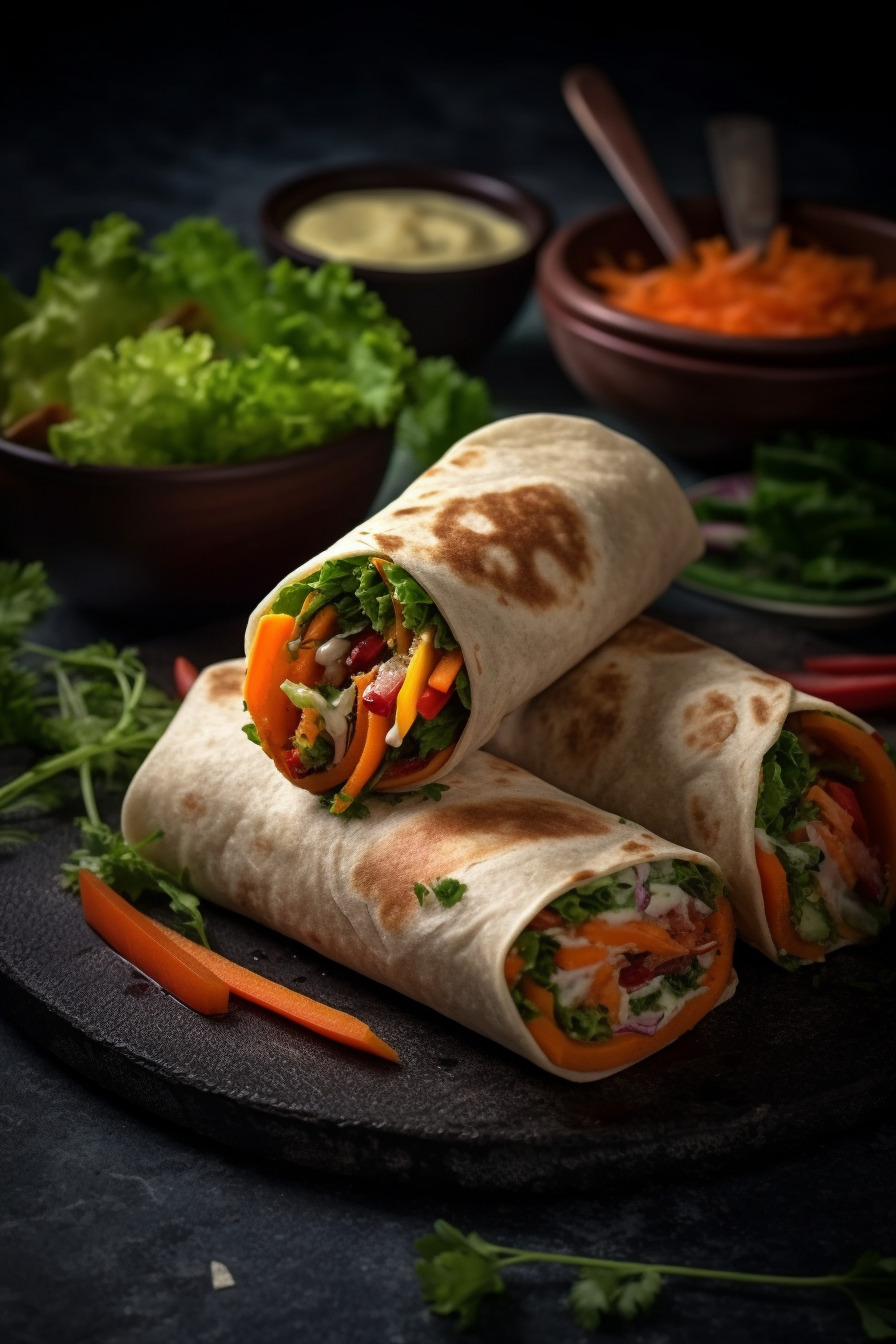 Vegetarische Wrap-Röllchen mit Karotten, Paprika und Salat.