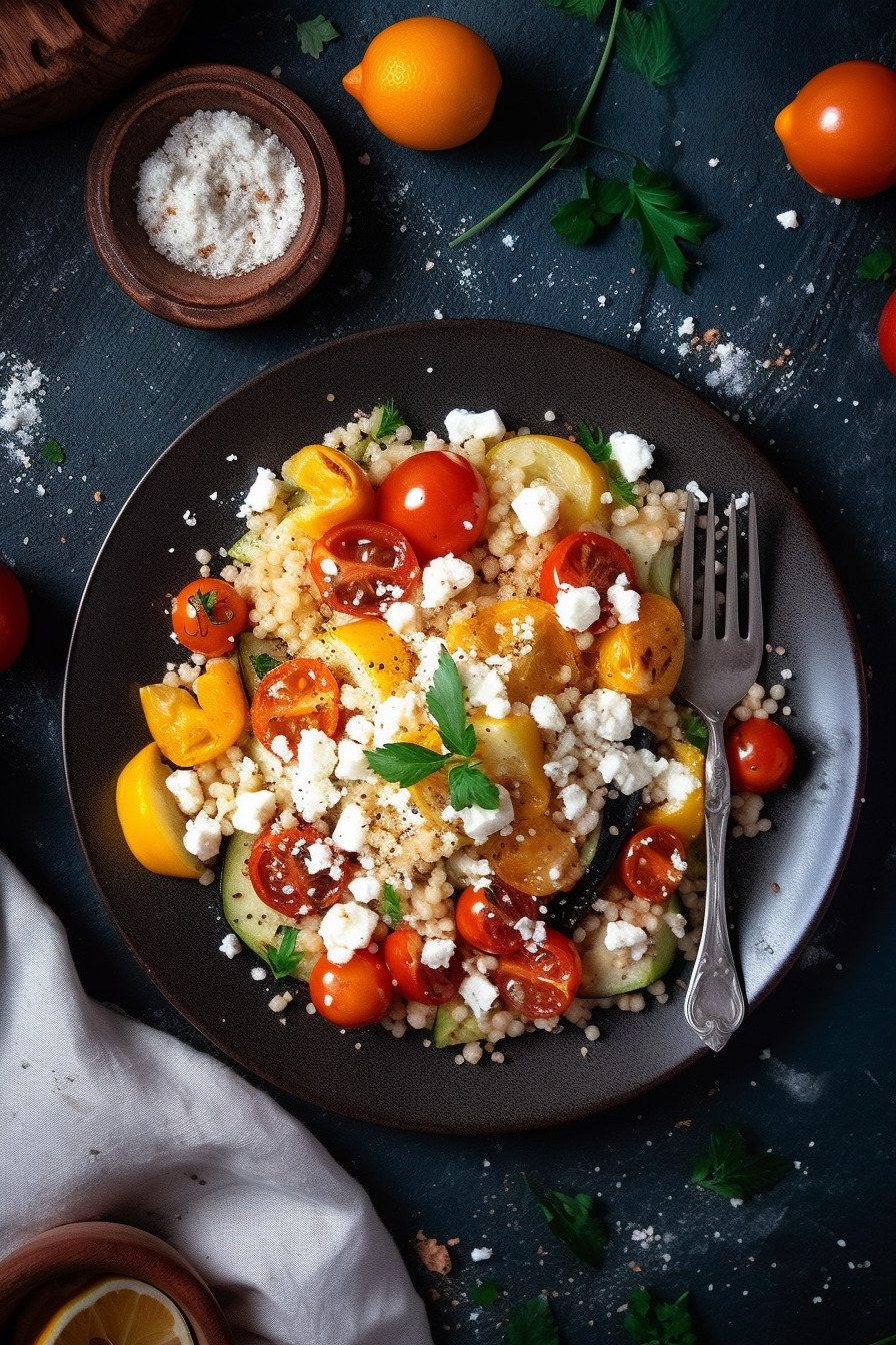 Gemüse-Couscous-Salat mit Feta auf einem Teller angerichtet.