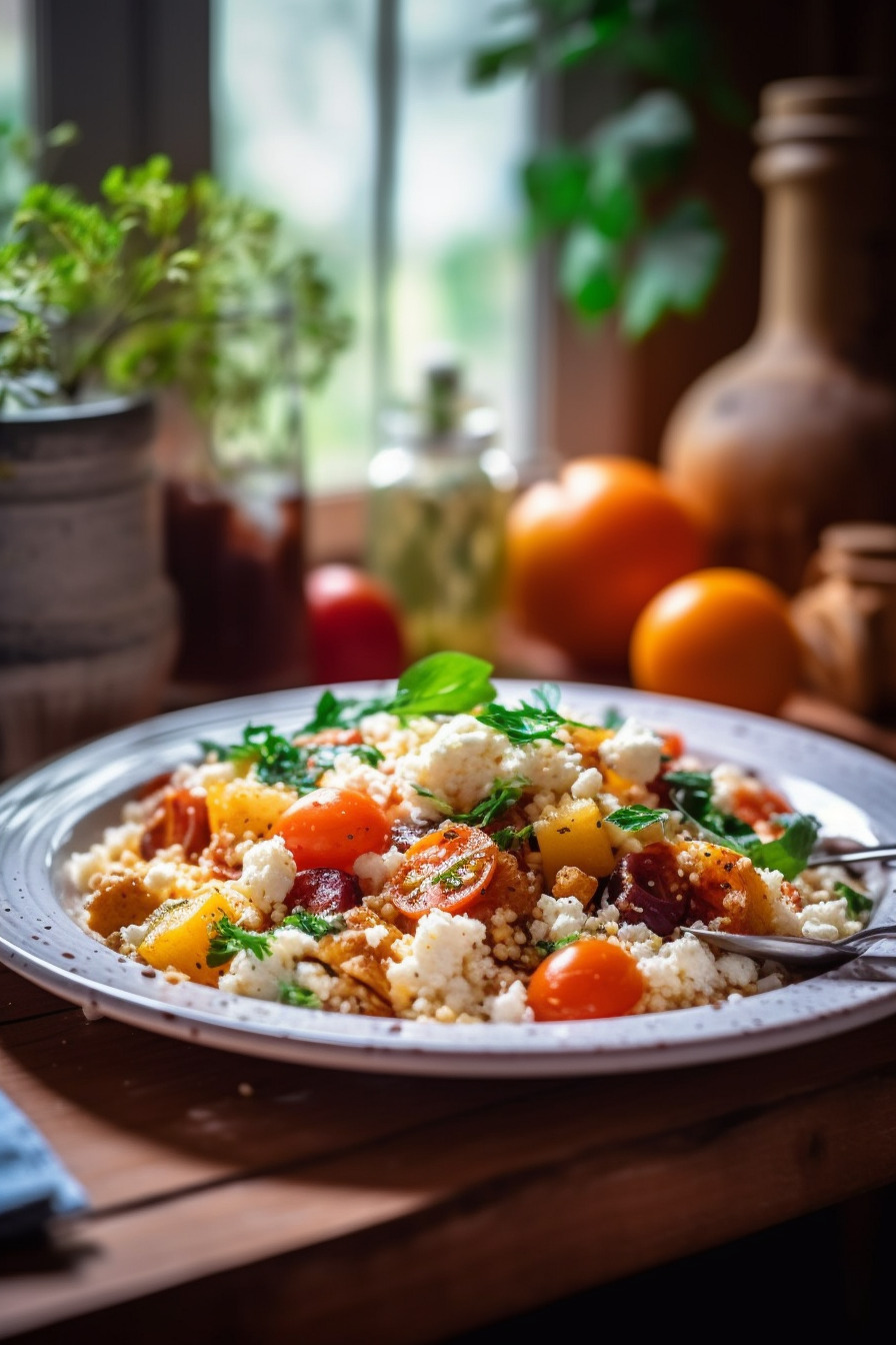 Gemüse-Couscous-Salat mit Feta auf einem Teller angerichtet.