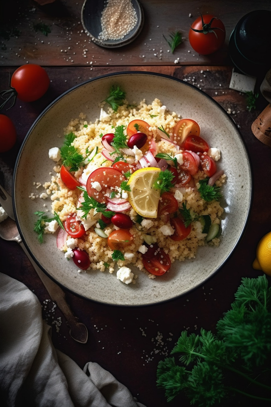 Gemüse-Couscous-Salat mit Feta auf einem Teller angerichtet.