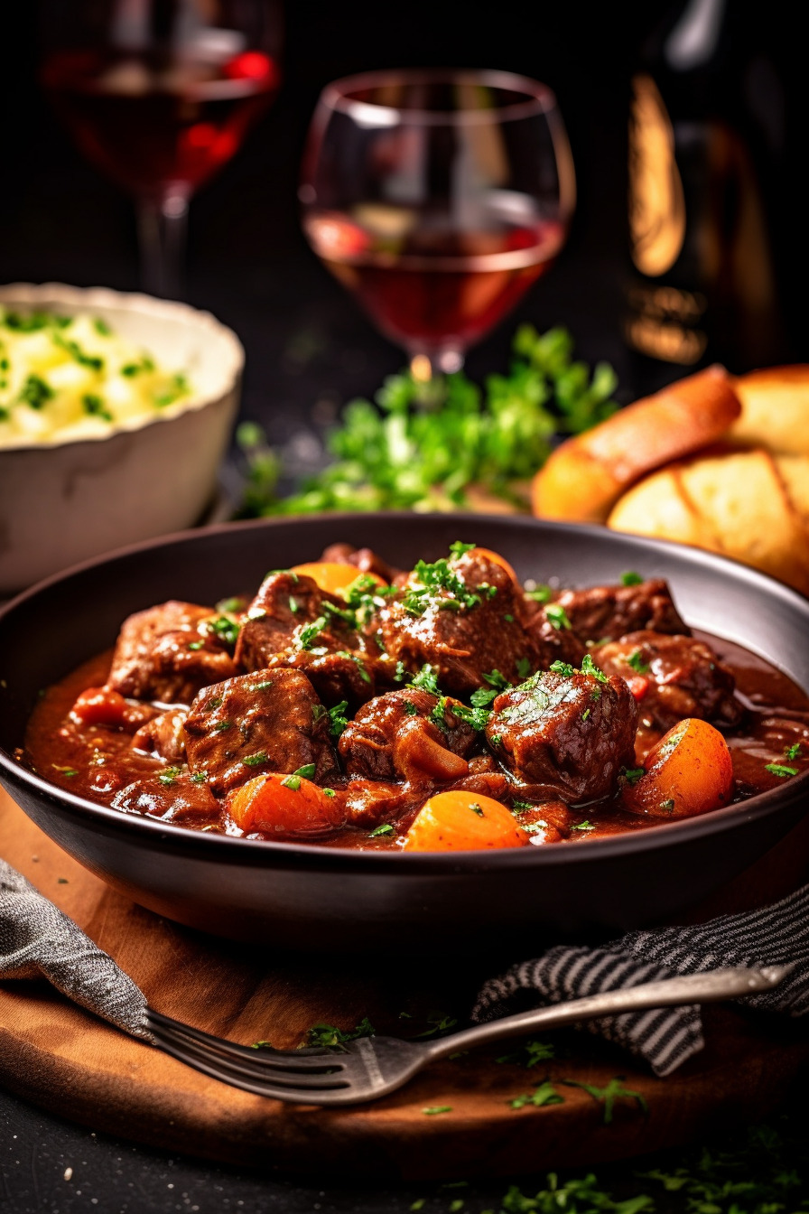 Hirschgulasch in Rotweinsoße auf einem Teller