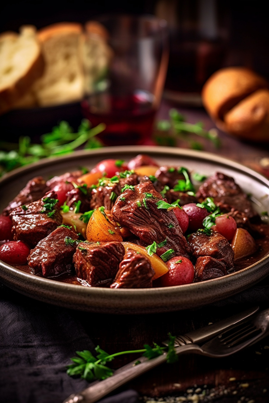 Hirschgulasch in Rotweinsoße auf einem Teller