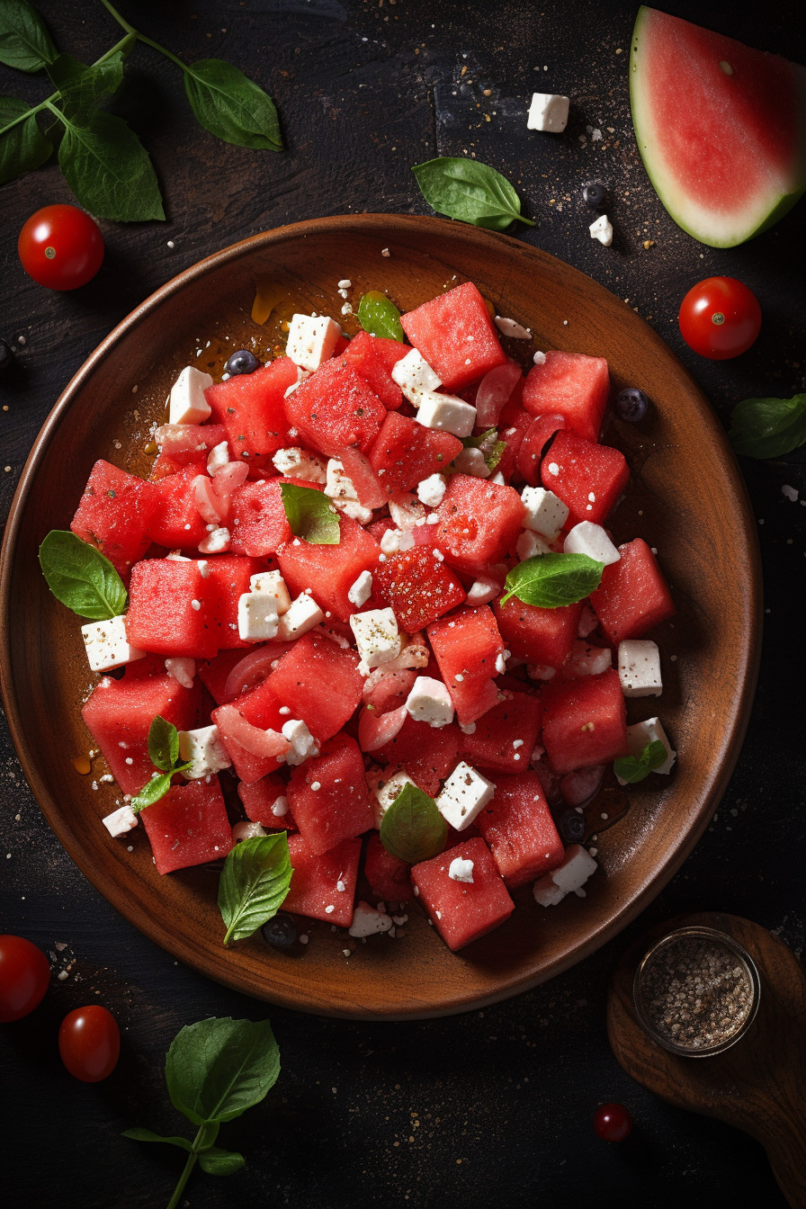 Wassermelonen-Feta-Salat auf einem Teller angerichtet.