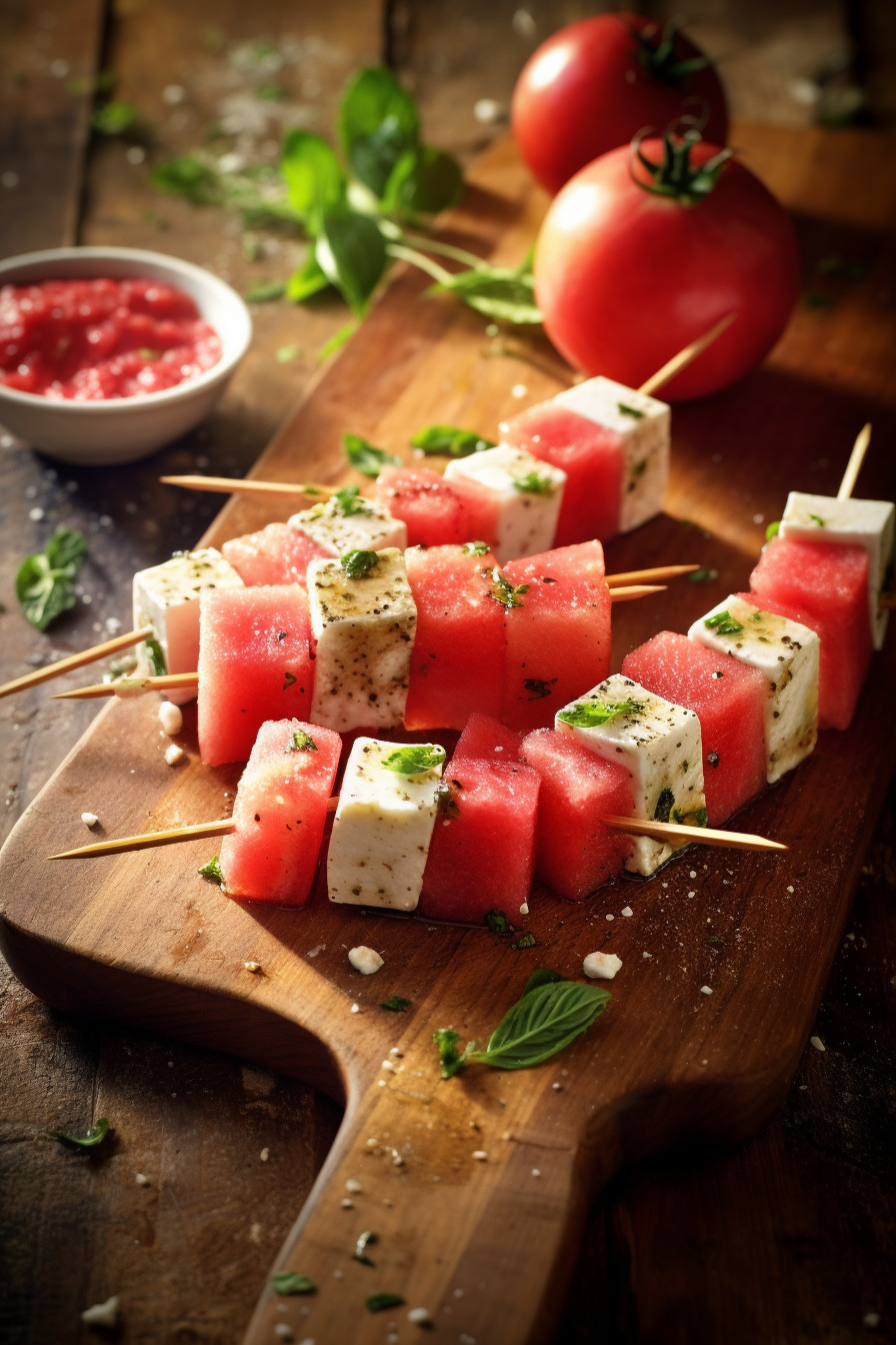 Wassermelonen-Feta-Spieße auf einem Holzbrett angerichtet.