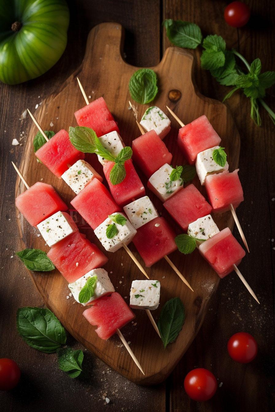 Wassermelonen-Feta-Spieße auf einem Holzbrett angerichtet.