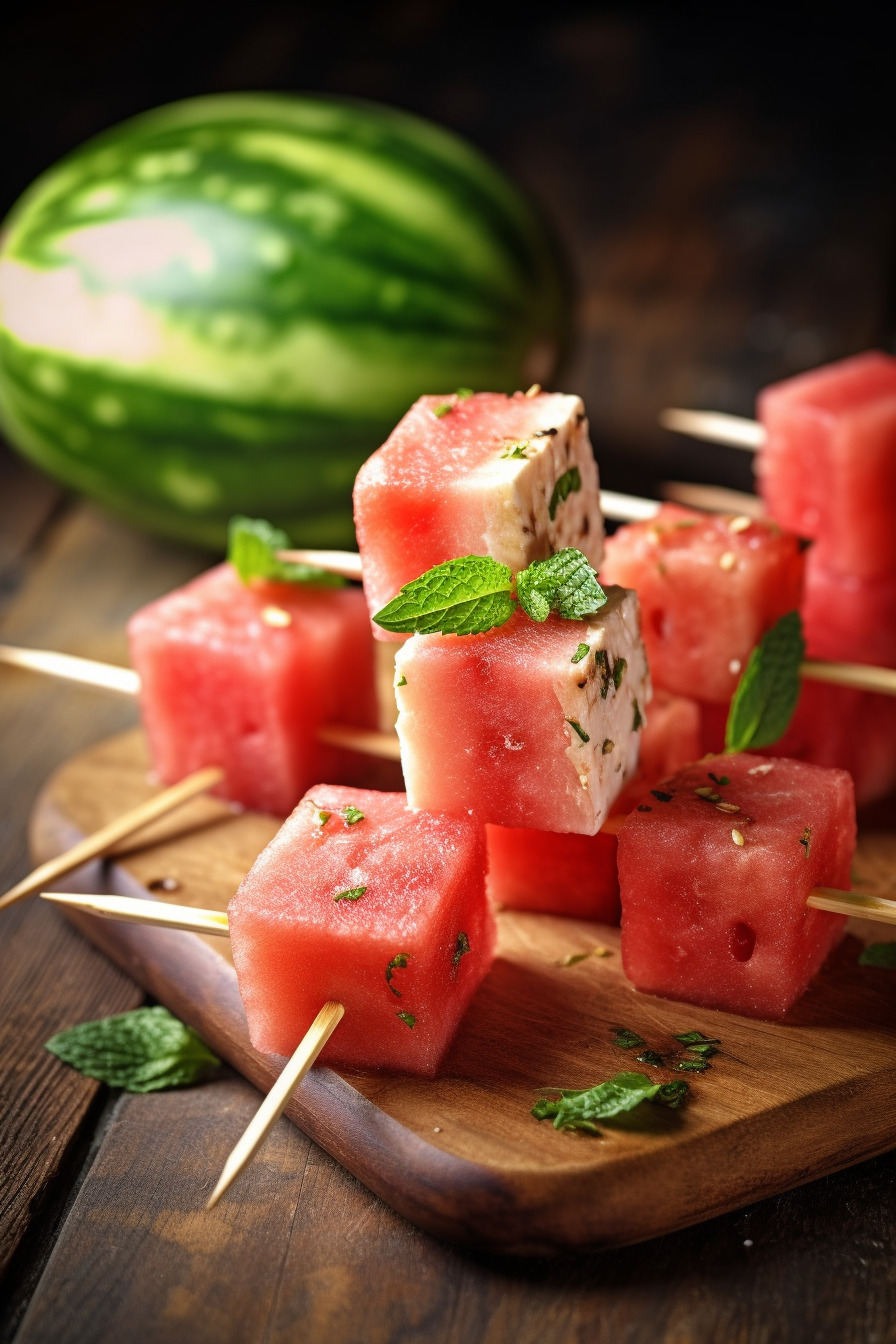 Wassermelonen-Feta-Spieße auf einem Holzbrett angerichtet.