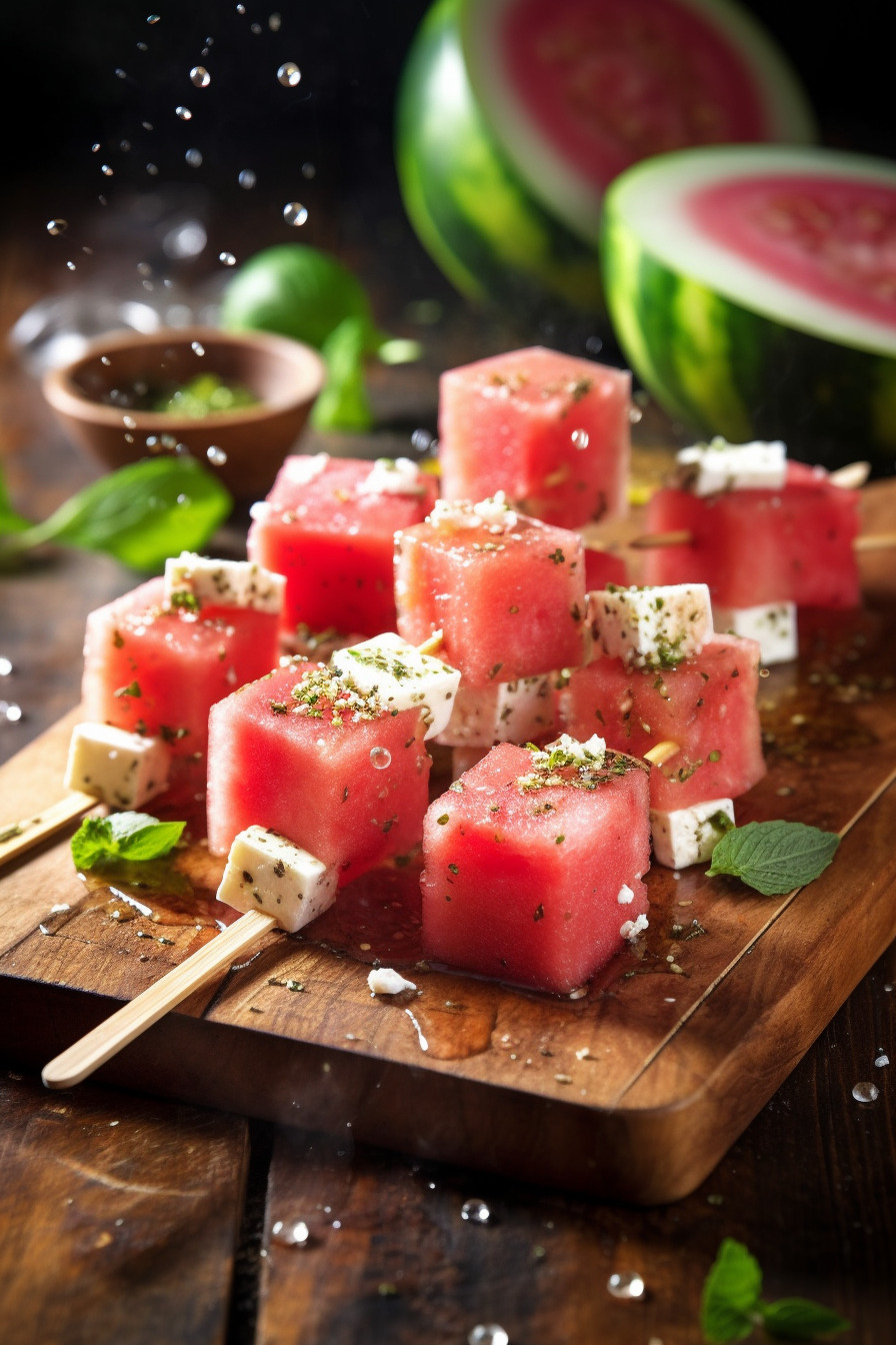 Wassermelonen-Feta-Spieße auf einem Holzbrett angerichtet.