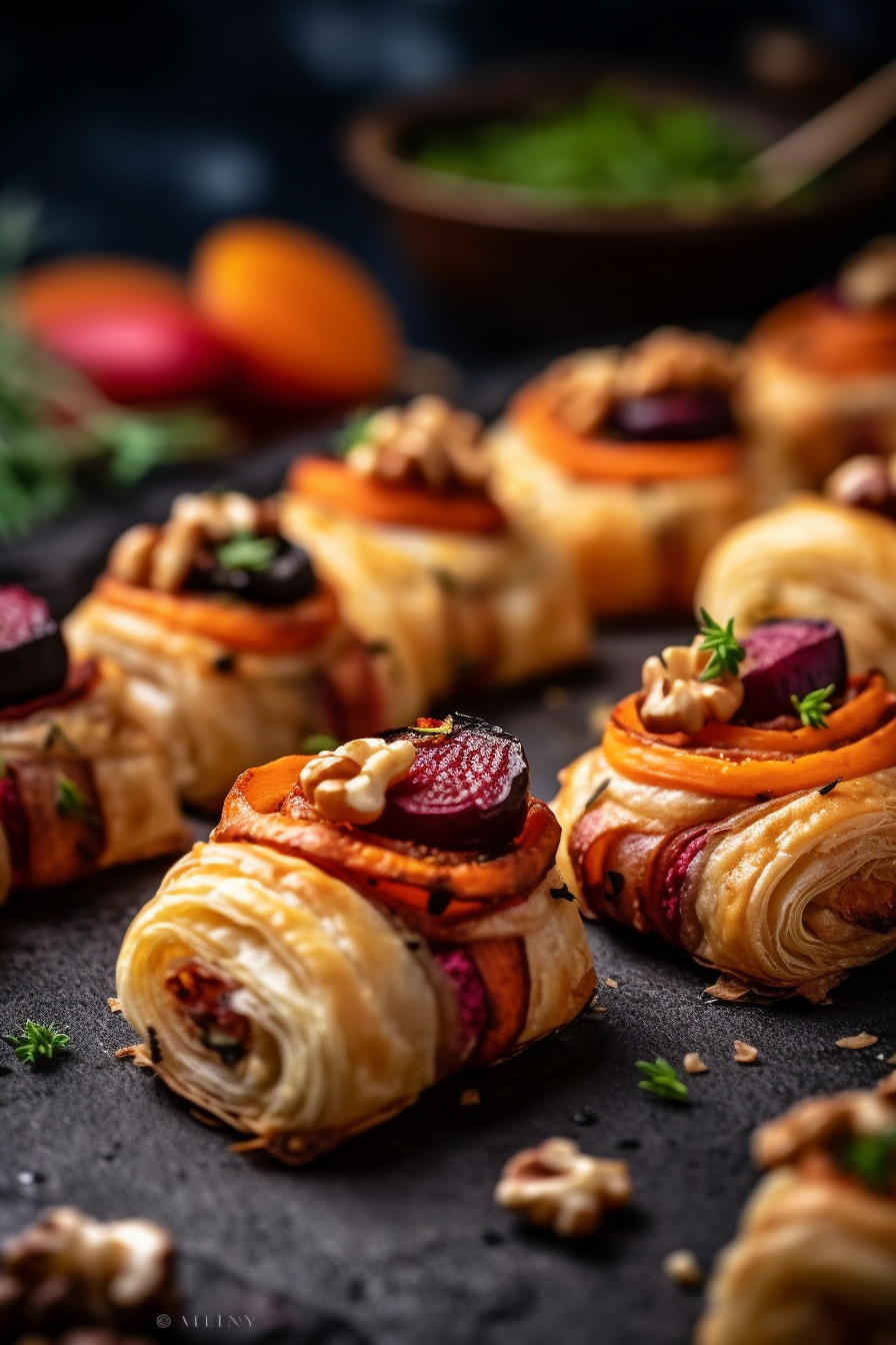 Winterliches Fingerfood mit Blätterteig, Kartoffeln, Möhren, Rote Bete und Walnüssen