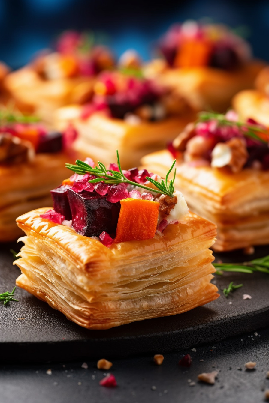 Winterliches Fingerfood mit Blätterteig, Kartoffeln, Möhren, Rote Bete und Walnüssen