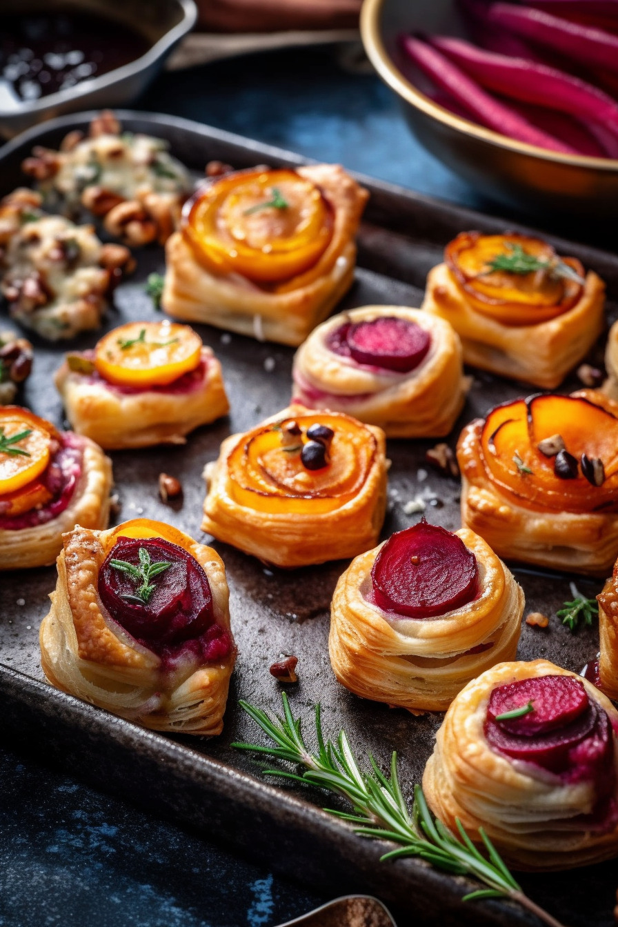 Winterliches Fingerfood mit Blätterteig, Kartoffeln, Möhren, Rote Bete und Walnüssen