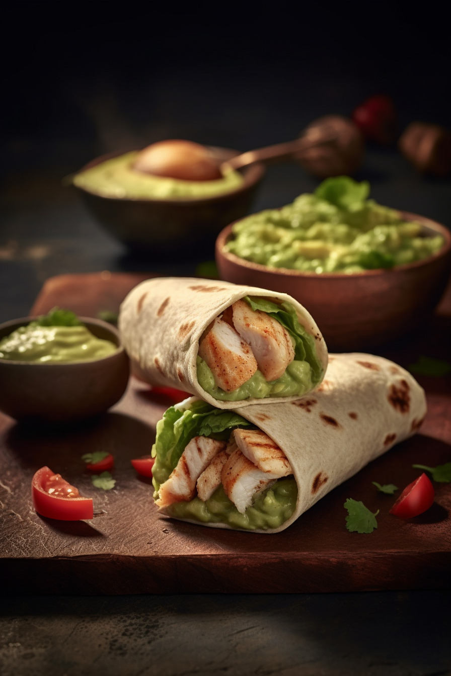 Wrap-Häppchen mit Hähnchen und Avocado-Dip