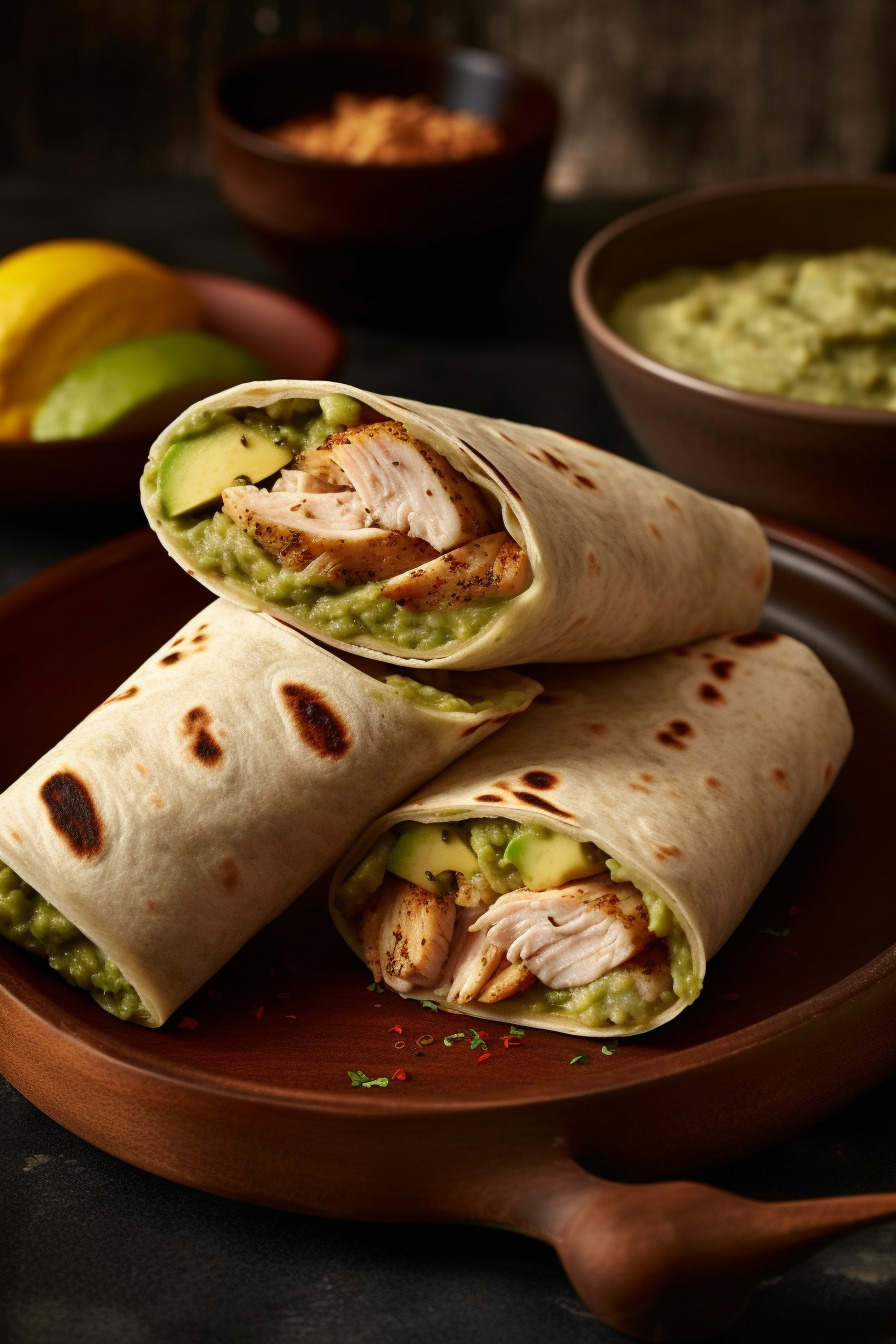 Wrap-Häppchen mit Hähnchen und Avocado-Dip