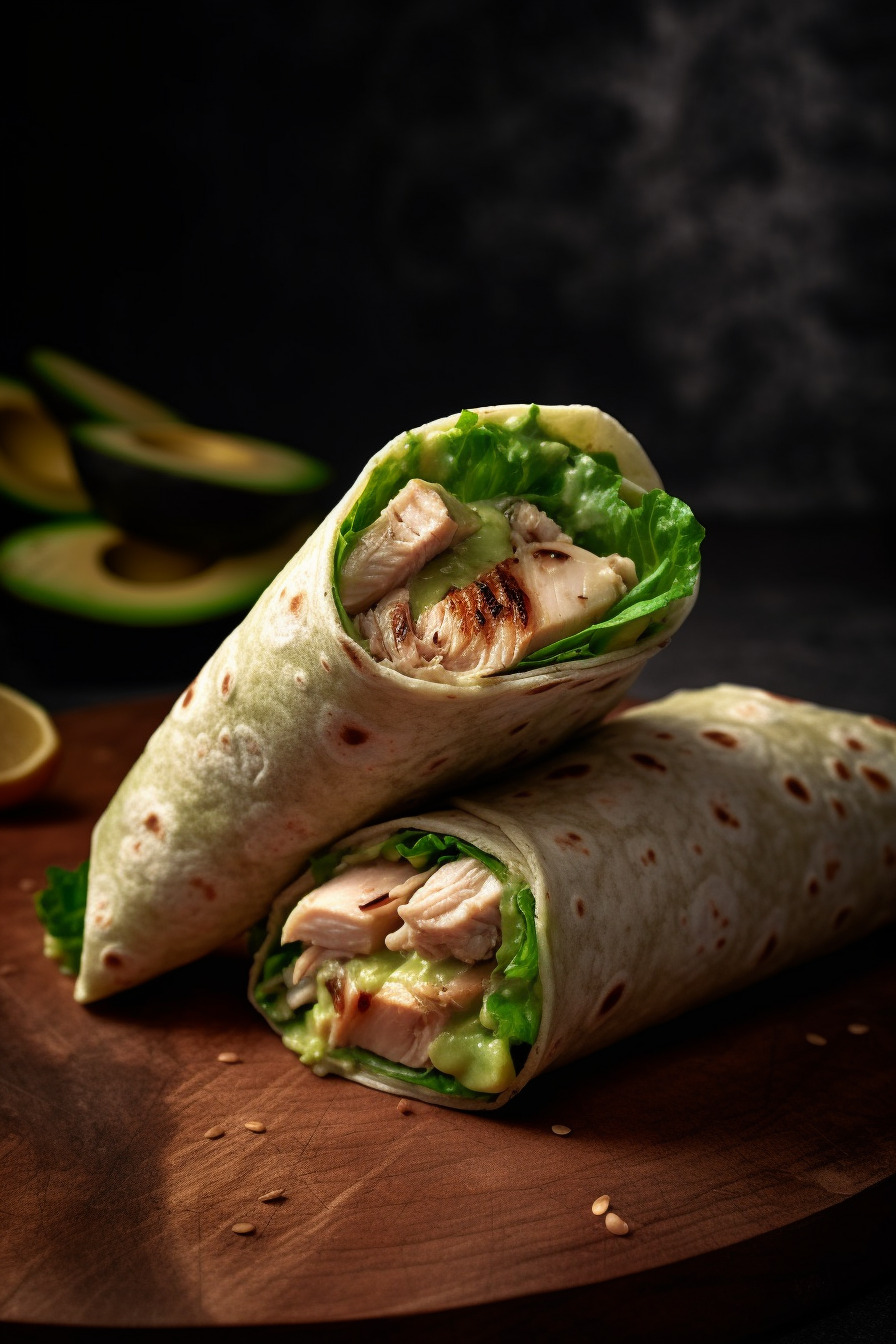 Wrap-Häppchen mit Hähnchen und Avocado-Dip