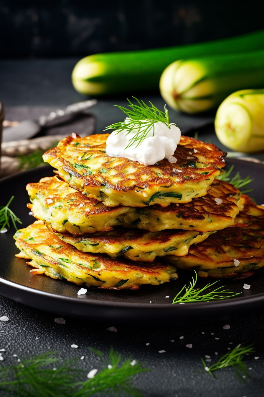 Zucchini-Feta-Puffer angerichtet auf einem Teller.