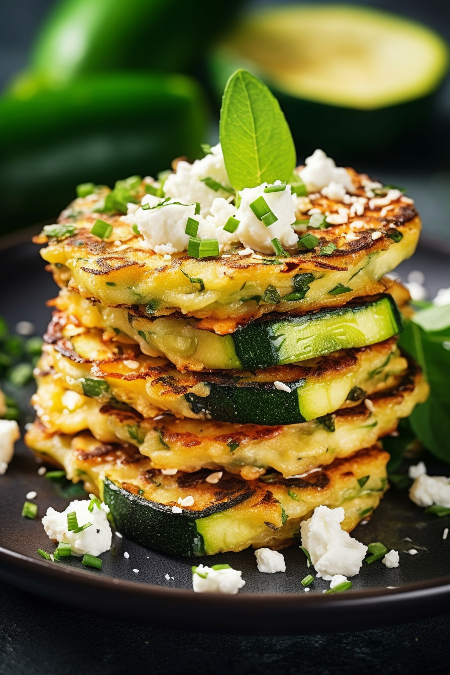 Zucchini-Feta-Puffer angerichtet auf einem Teller.