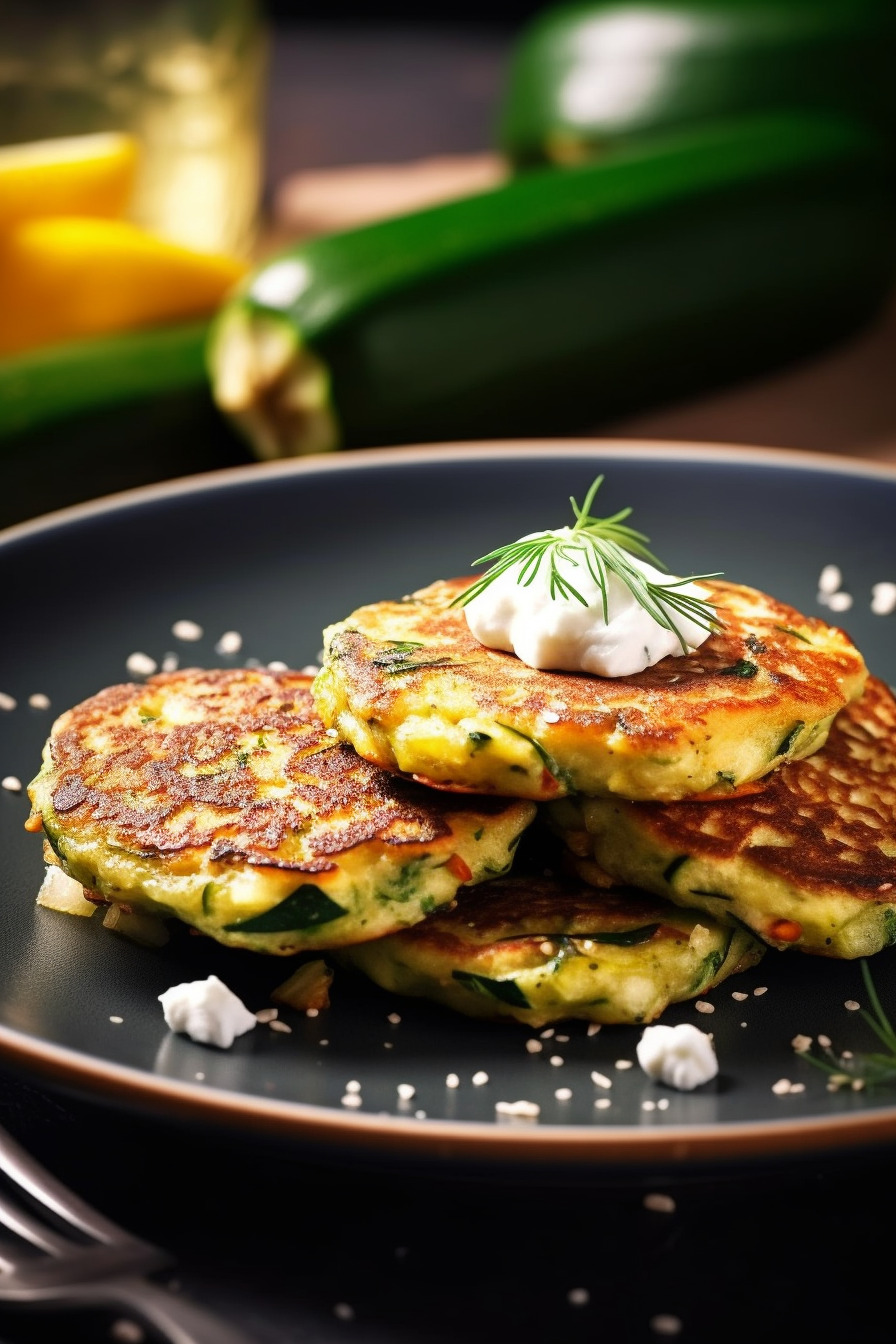 Zucchini-Feta-Puffer angerichtet auf einem Teller.