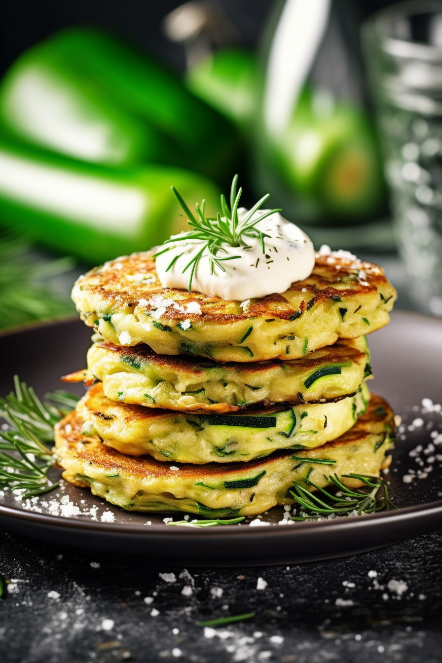 Zucchini-Feta-Puffer angerichtet auf einem Teller.