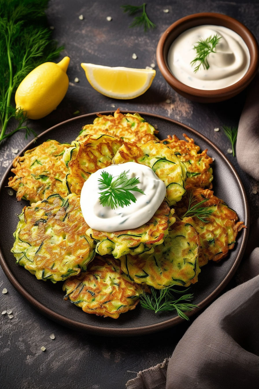 Zucchini-Puffer mit Joghurt-Dip.