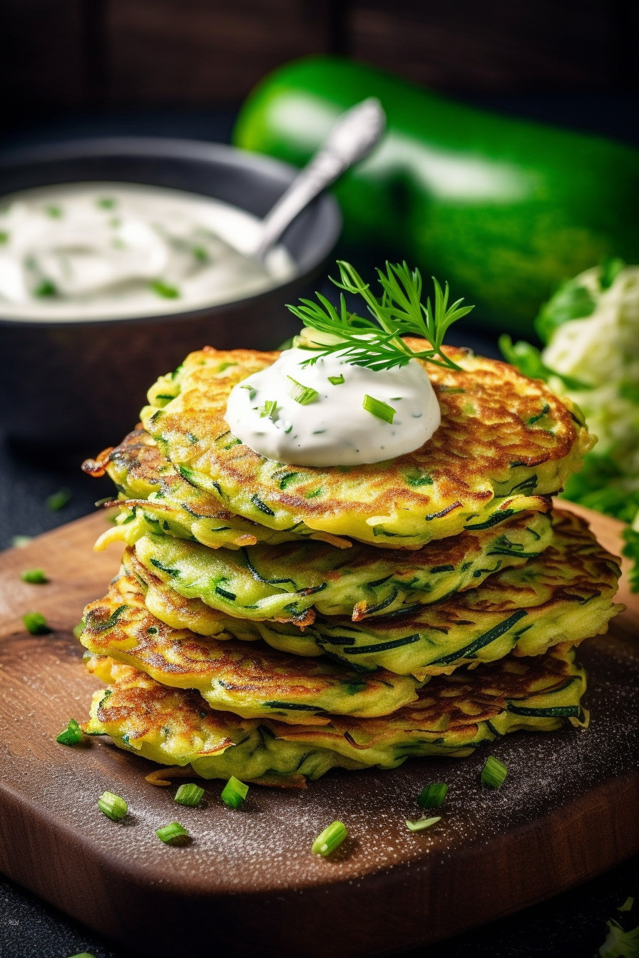 Zucchini-Puffer mit Joghurt-Dip.