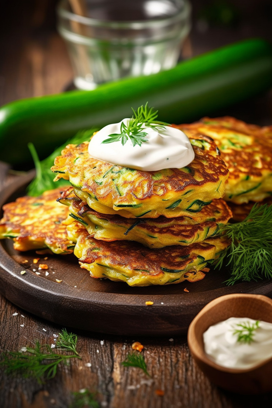 Zucchini-Puffer mit Joghurt-Dip.