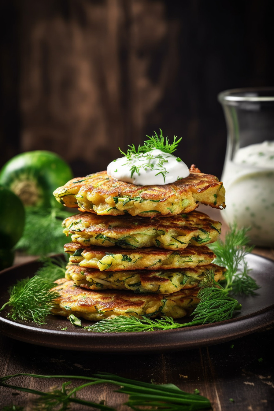 Zucchini-Puffer mit Joghurt-Dip.