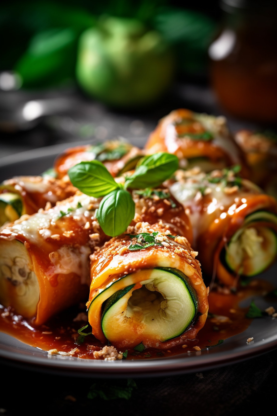 Zucchini-Parmesan-Röllchen auf einem Teller angerichtet.