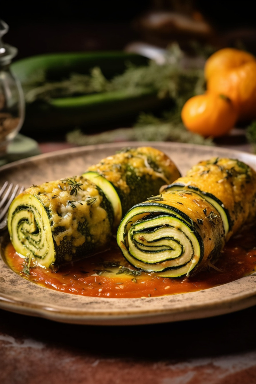 Zucchini-Parmesan-Röllchen auf einem Teller angerichtet.