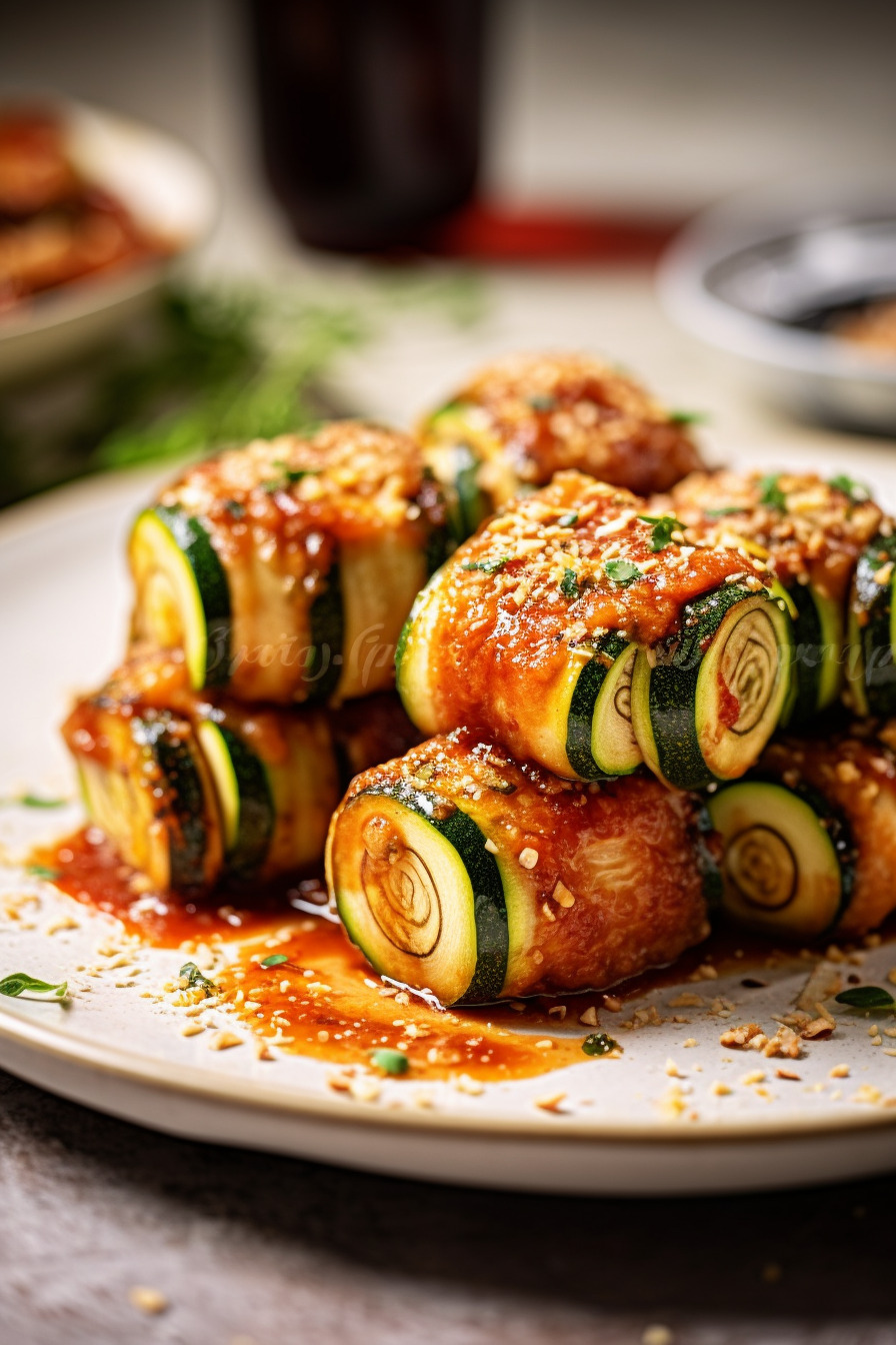 Zucchini-Parmesan-Röllchen auf einem Teller angerichtet.