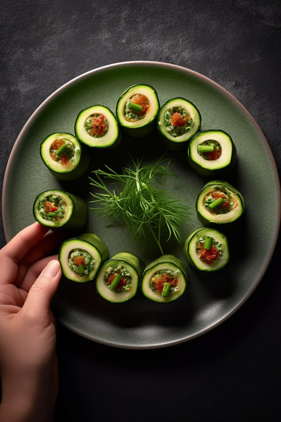 Zucchini-Röllchen Fingerfood auf einem Teller angerichtet