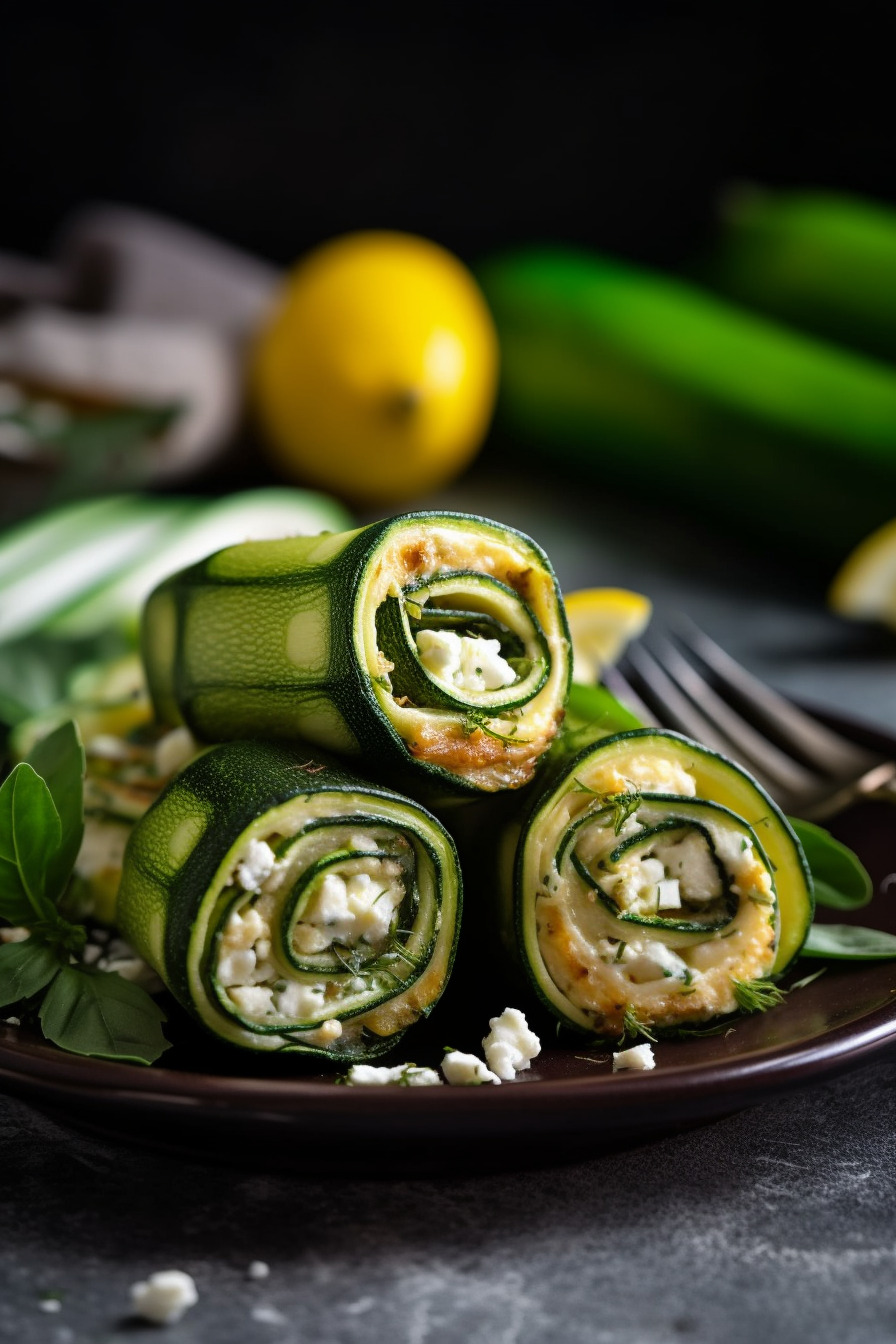 Zucchini-Röllchen mit Fetafüllung auf einer Platte angerichtet.