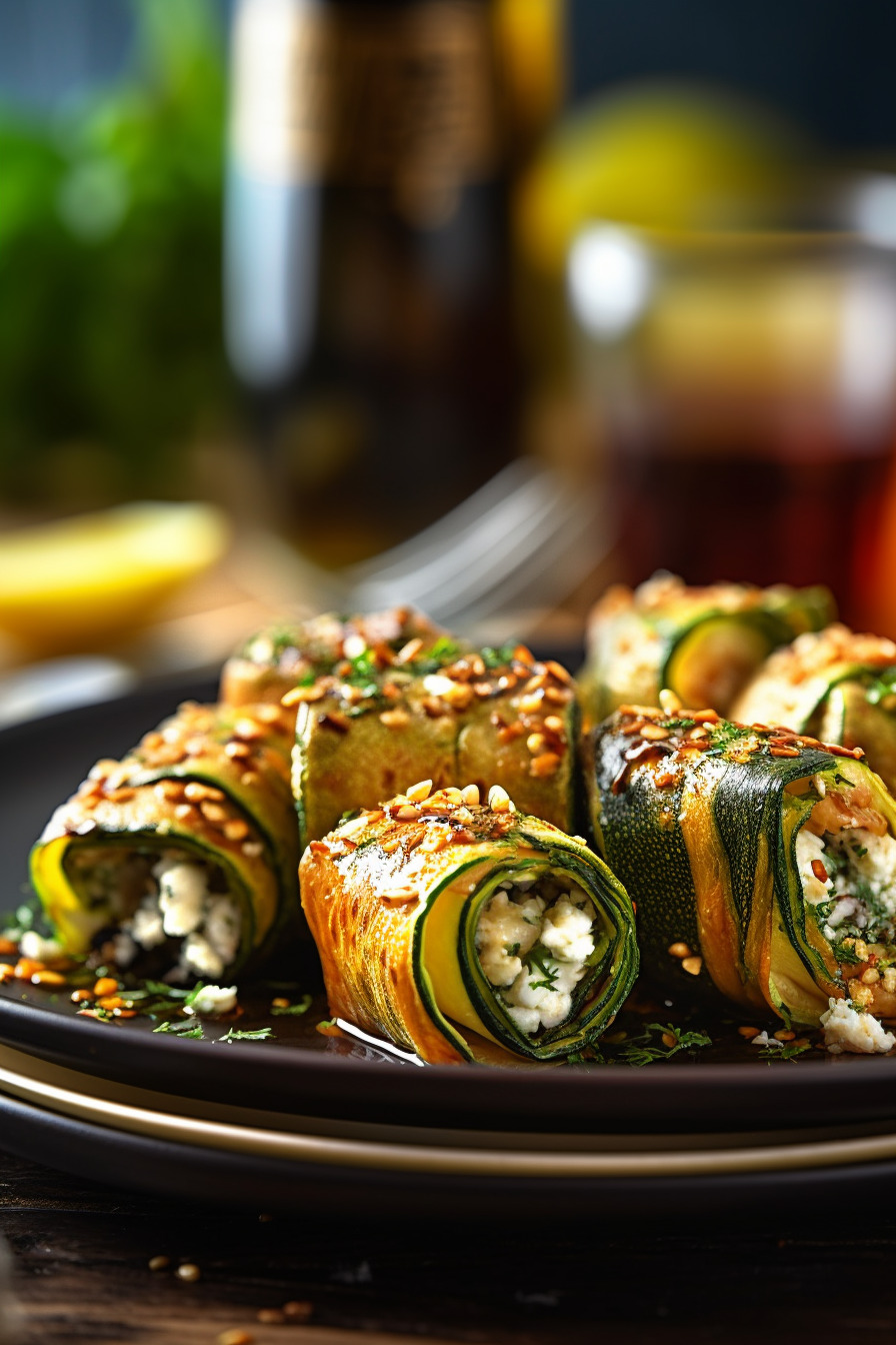 Zucchini-Röllchen mit Fetafüllung auf einer Platte angerichtet.