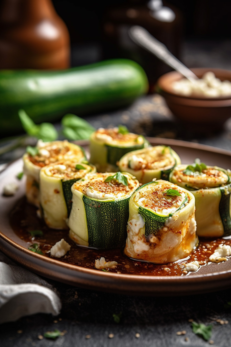 Zucchini-Röllchen mit Fetafüllung auf einer Platte angerichtet.