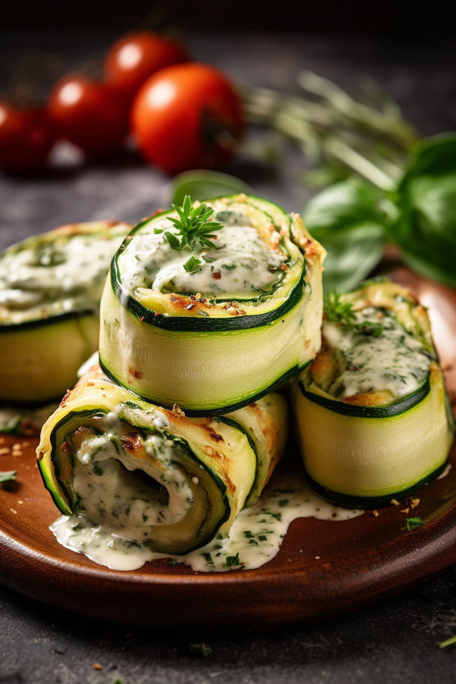 Zucchini-Röllchen mit Frischkäse und Kräutern.