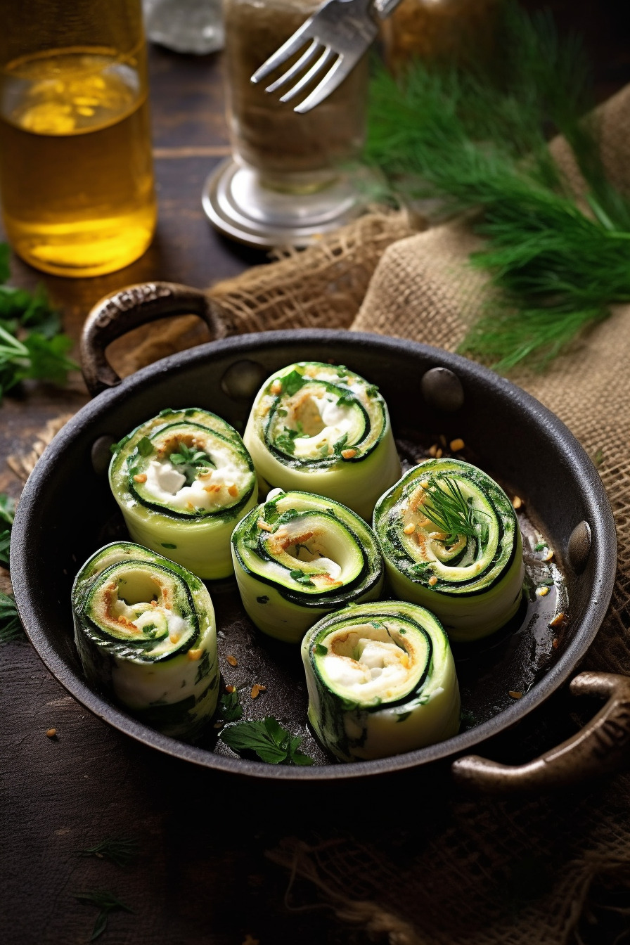 Zucchini-Röllchen mit Frischkäse und Kräutern.