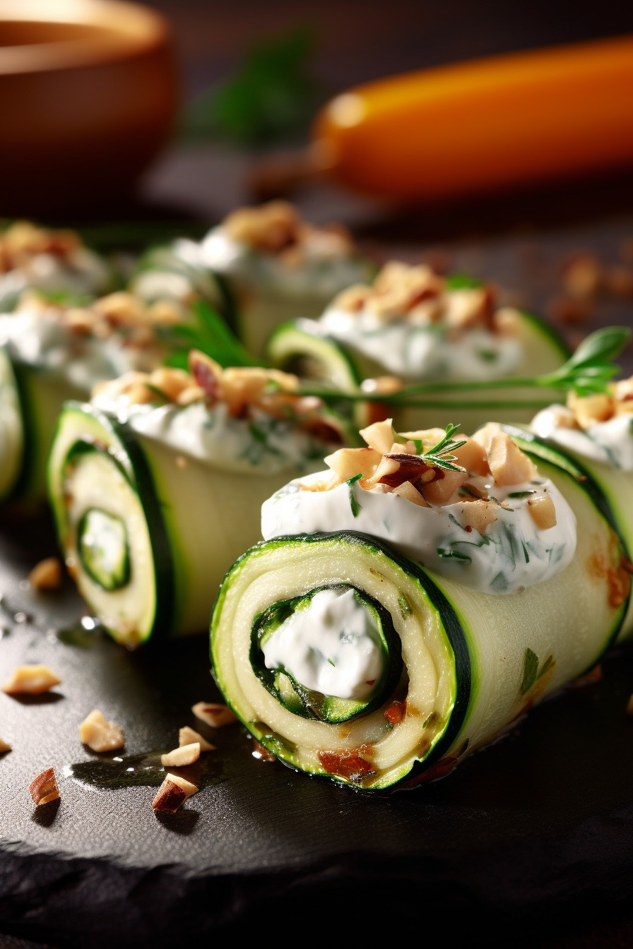 Zucchini-Rollen mit Frischkäsefüllung auf einem Teller angerichtet.