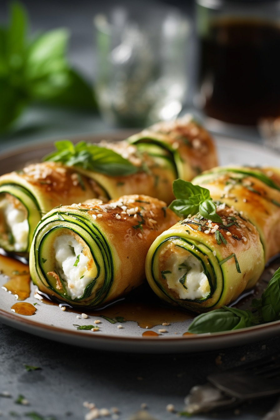 Zucchini-Röllchen mit Ricotta-Füllung auf einem Teller angerichtet.