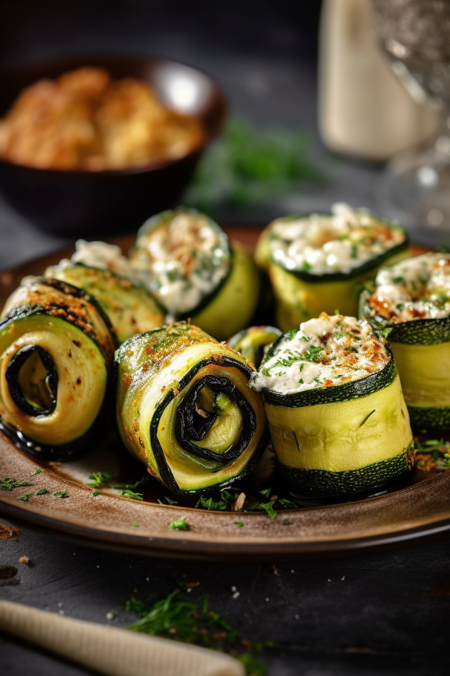 Zucchini-Röllchen mit Ricotta-Füllung auf einem Teller angerichtet.