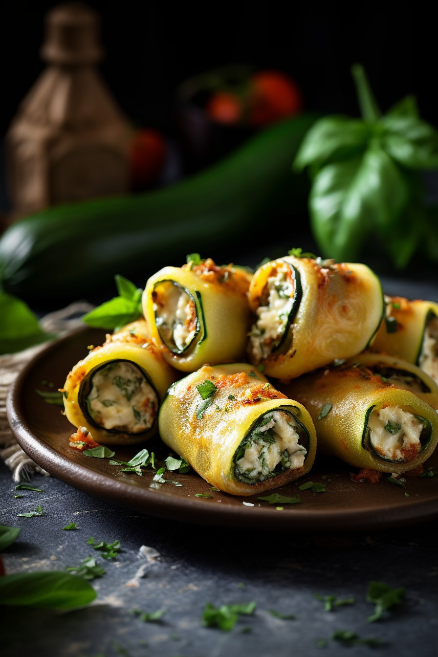 Zucchini-Röllchen mit Ricotta-Füllung auf einem Teller angerichtet.