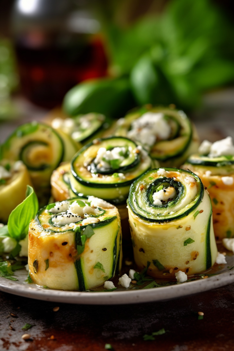 Zucchini-Feta-Röllchen auf einem Buffet.