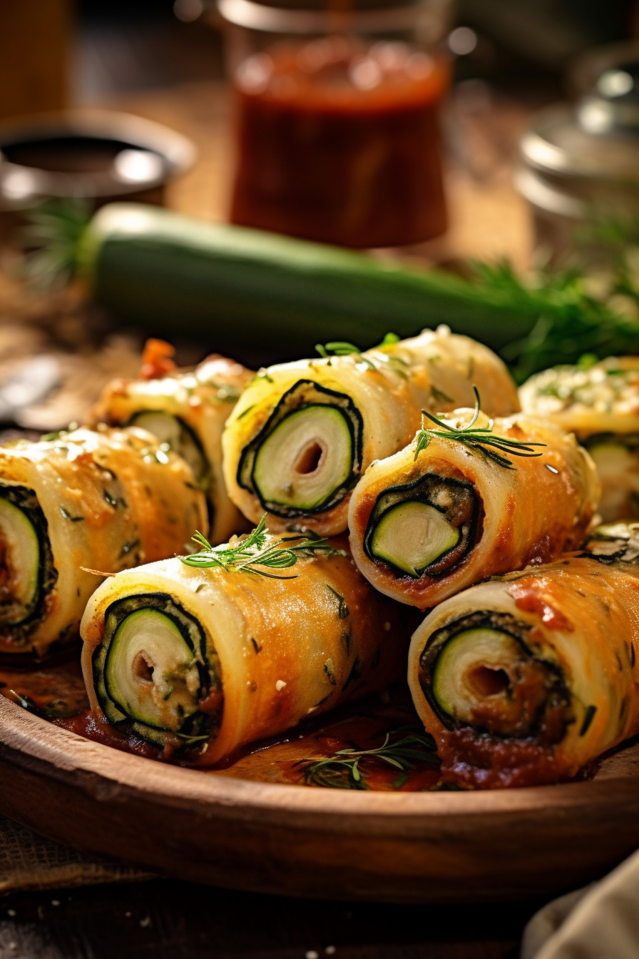 Zucchini-Feta-Röllchen auf einem Buffet.