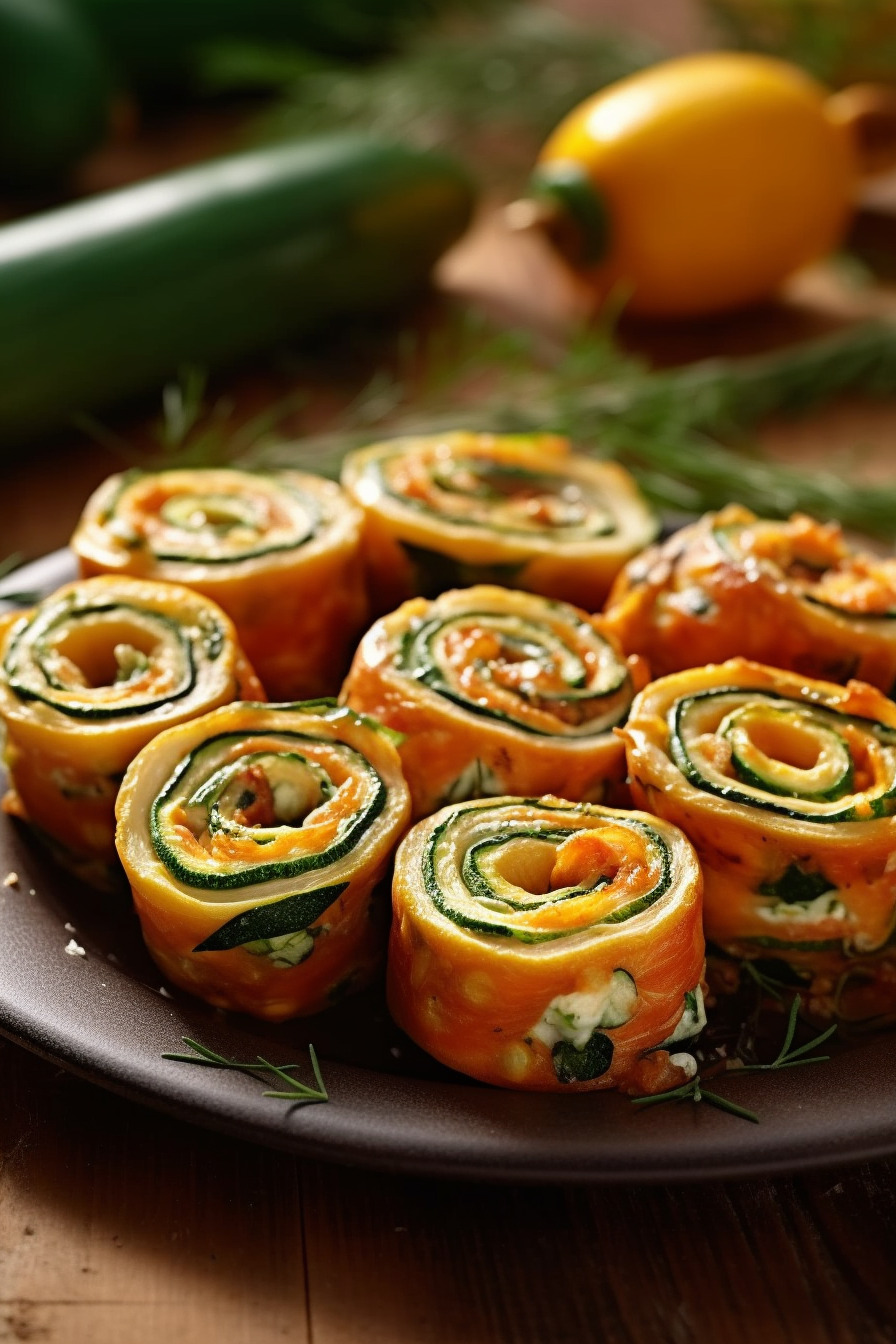 Zucchini-Feta-Röllchen auf einem Buffet.