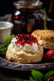 Englische Scones mit Clotted Cream und Erdbeermarmelade