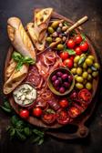 Mediterrane Antipasti-Platte mit Baguette.