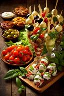 Mediterranes Fingerfood-Buffet mit verschiedenen kalten Snacks.